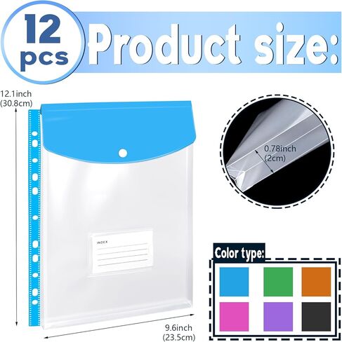 DLOnline 12 Pack Binder Pocket Expandable Folders 11 Holes Plastic Envelopes for 2/3/4 Ring Binder A4/Letter Document Pouch for School Home Office (Vertical-Opening) in Kuwait