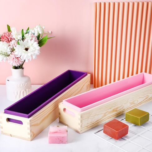 Menkxi 2 Sets Flexible Rectangular Soap Silicone Mold with Wood Box 74 Oz/ 2200 ml Large Soap Silicone Loaf Mold Rectangle Soap Molds for Soap Making Supplies DIY Tool Craft, Purple, Pink in Saudi Arabia