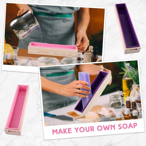 Menkxi 2 Sets Flexible Rectangular Soap Silicone Mold with Wood Box 74 Oz/ 2200 ml Large Soap Silicone Loaf Mold Rectangle Soap Molds for Soap Making Supplies DIY Tool Craft, Purple, Pink in Saudi Arabia