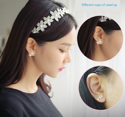 حلق أنيق من الفضة الإسترليني عيار 925 ومطلي بالذهب عيار 14 قيراط على شكل زهور بيضاء صغيرة مع سترة من كريستال تشيكوسلوفاكيا للأذن وسترة أمامية وخلفية وحلق خلفي للتعليق على الأذن للنساء والفتيات in Kuwait