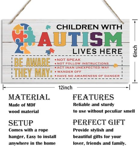 Autism Signs, Decorative Wood Hanging Wood Plaque, Rustic Autism Door Hanger, Autism Awareness Home Decor, Autism Acceptance, Autistic Support Decorative Plaque, Children with Autism Live Here in Kuwait