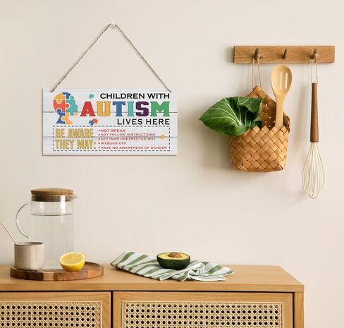 Autism Signs, Decorative Wood Hanging Wood Plaque, Rustic Autism Door Hanger, Autism Awareness Home Decor, Autism Acceptance, Autistic Support Decorative Plaque, Children with Autism Live Here in Kuwait