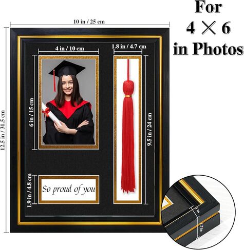 إطار Hiwhy Diploma مع حامل شرابة للصور مقاس 5x7، زجاج حقيقي، حصيرة مزدوجة سوداء فوق ذهبية، شاشة عرض على الحائط والطاولة in Kuwait