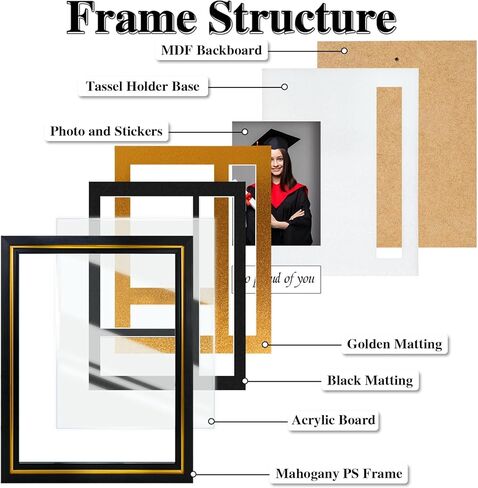 إطار Hiwhy Diploma مع حامل شرابة للصور مقاس 5x7، زجاج حقيقي، حصيرة مزدوجة سوداء فوق ذهبية، شاشة عرض على الحائط والطاولة in Kuwait