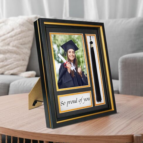 إطار Hiwhy Diploma مع حامل شرابة للصور مقاس 5x7، زجاج حقيقي، حصيرة مزدوجة سوداء فوق ذهبية، شاشة عرض على الحائط والطاولة in Kuwait