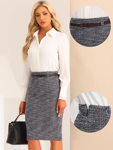 Allegra K Plaid Tweed Skirts for Women's Belted High Waist Knee Length Bodycon Vintage Pencil Skirt in Saudi Arabia