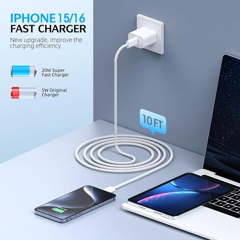Fast Charging iPhone 17 16 15 Charger,2Pack 10 FT Long USB C Charger woven Cord with 20W USBC Fast Charger Block for iPhone 17/17 Air/17 Pro/17 Pro Max/16/16 Pro/16 Pro Max/15/15 Pro Max/Plus/iPad Pro in Kuwait