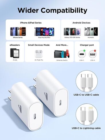كتلة شاحن USB C، 2 حزمة USB C شحن سريع، صندوق شاحن حائط من النوع C بقدرة 20 واط، محول طاقة PD من النوع C مكعب من الطوب لهاتف iPhone 17 16 15 14 13 12 11 Pro Max XS، iPad، Samsung Galaxy، Pixel والمزيد in Kuwait