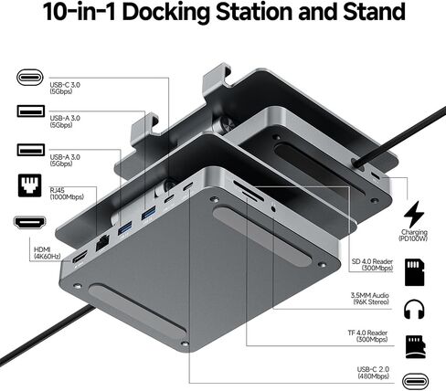 iPad Pro USB C Hub Stand,10 in 1 Rotatable Multiport Adapter for iPad M4 M3 M2 Inch Docking Station 4K 60Hz HDMI, PD, SD/TF Card Reader, USB 3.0, 3.5mm Audio, iPad Accessories for Home Office in Kuwait