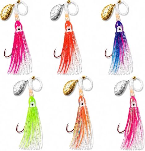 12/6 Pcs Squid Fishing Hoochies Glow Fresh Water Kokanee Salmon Trolling Lures with Pre-Rigged Octopus Hooks, Spinner Blades, Synthetic Skirts Kokanee Hoochies for Bass Salmon Trout in Kuwait