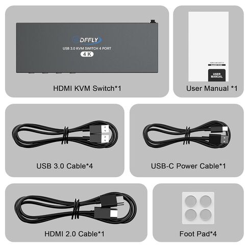USB3.0 Switch HDMI Kvm Switch 4 أجهزة كمبيوتر 1 شاشات مع 3 منافذ USB، 4K @ 60 هرتز لـ 4 أجهزة كمبيوتر مشاركة لوحة المفاتيح وماوس الشاشة، يدعم التحكم في الأزرار، متوافق مع EDID in Kuwait