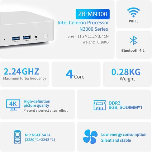 Mini PC Intel N3160(4C/4T) 8GB RAM 128GB SSD(Support 2T) windows/RJ45 LAN 1000M/USB*4/USB-C*2 /HDMI*2 4K Dual Display 2.4G/5G WiFi & BT4.2 Mini Desktop Computer for Home/Office/Business in Kuwait