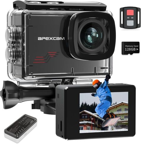 Apexcam M80 Action Camera 4K 60FPS with 128GB Card, 64MP Sports Camera Helmet for Vlogging, 131FT Waterproof Camera Underwater,WiFi Camcorder, 8X Zoom, Remote Control, Mount Accessories in Kuwait