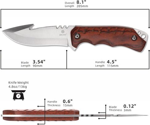 REAT Fixed Blade Knife with Sheath,3.5" 440C Stainless Steel Blade with Gut Hook Design,Ergonomic Wood Handle,Sharp Bushcraft Knife,Hunting Knife for Camping,Hiking,Survival,Skining,Gifts for Men,Women in Kuwait