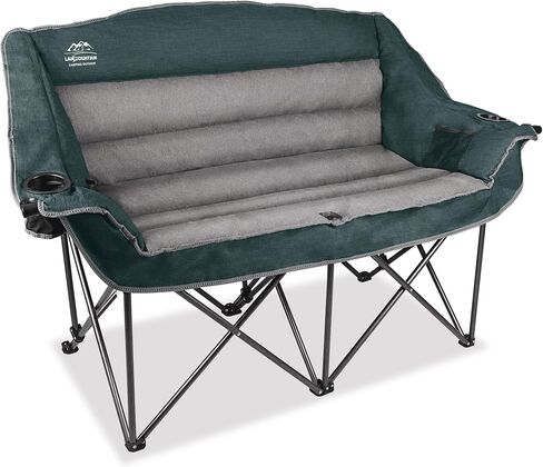 Fully Padded Folding Double Camping Chairs,Comfy Oversized Loveseat Lawn Chair w/Wine Glass Holder,Cup Holder,Heavy Duty Outdoor Portable Camp Couch Support 600 Lbs,Dark Green in Kuwait