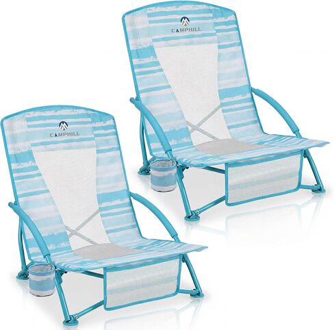 Low Beach Chairs 2 Pack,Folding Compact Low Seat Chairs for Adults w/Mesh Back,Cup Holder & Storage Bag,Heavy Duty Chair for Outdoor Sand,Travel,Camping,Picnic,Blue Strip in Kuwait