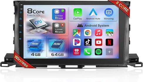 [8core 4+64G] 10 inch Car Radio Stereo for Toyota Highlander 2014-2019 CarPlay, Head Unit with Wireless Carplay & Android Auto, Support GPS/WiFi/Bluetooth/SWC, FM, Backup Camera in Kuwait