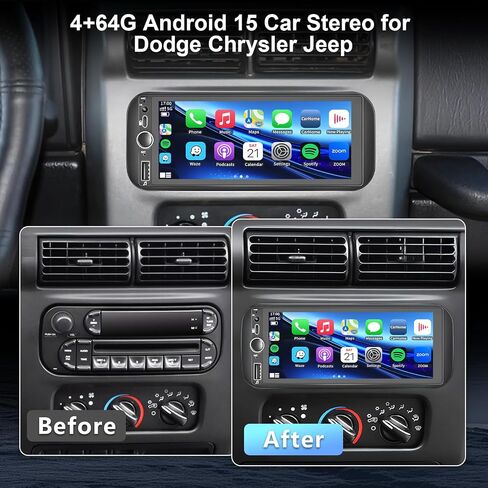 راديو سيارة Plug&Play 4+64G Android 15 لسيارة Dodge Ram 1500/2500/3500/4000 2002-2006، لسيارة Jeep Grand Cherokee 1999-2004، لسيارة Wrangler 2003-2006 CarPlay Android Auto 6.9 بوصة IPS شاشة تعمل باللمس مع كاميرا احتياطية in Kuwait