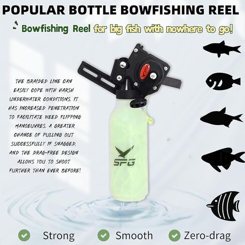 Bottle Style Bowfishing Reel for Recurve & Compound Bow, Zero-Drag One-Handed Operation Fishing Reel Kits with 40M 100 Lbs Dacron Line Complete Set with Mounting Screws in Kuwait