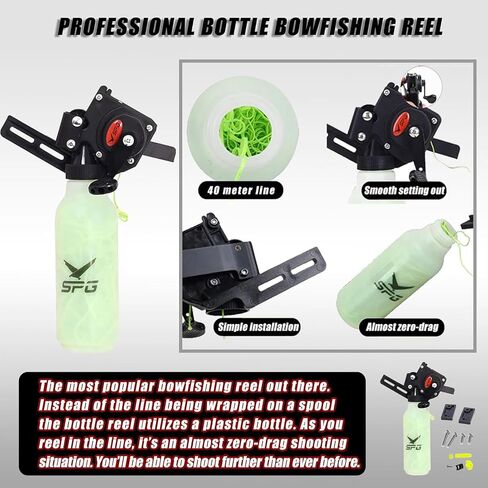 Bottle Style Bowfishing Reel for Recurve & Compound Bow, Zero-Drag One-Handed Operation Fishing Reel Kits with 40M 100 Lbs Dacron Line Complete Set with Mounting Screws in Kuwait