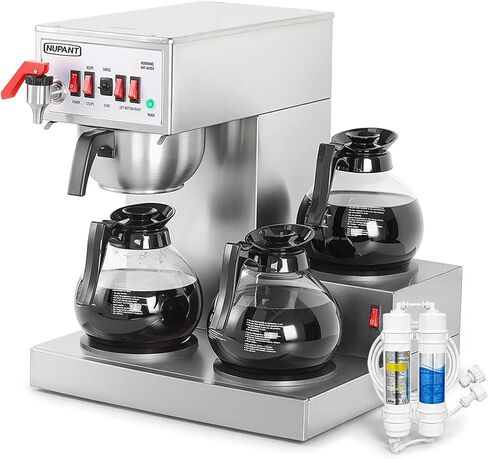 NUPANT 12 Cup Commercial Coffee Maker Auto Filling Drip Coffee Machine with 3 Carafes 3 Warmers, Filters, Stainless Steel Pour Over Coffee Brewer with Hot Water Dispenser for Restaurant Office Cafe in Kuwait