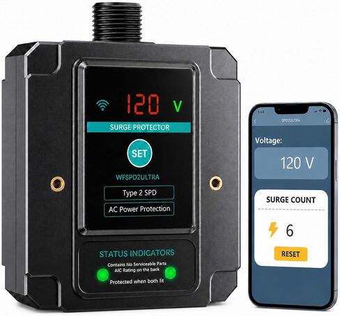 WiFi Smart Surge Protective Device, Thermally Protected MOV, Type 2 SPD for 120/240VAC Breaker Panel, App Notification, Voltage & Surge Count Display, 108,000A, 2,820 Joules in Saudi Arabia