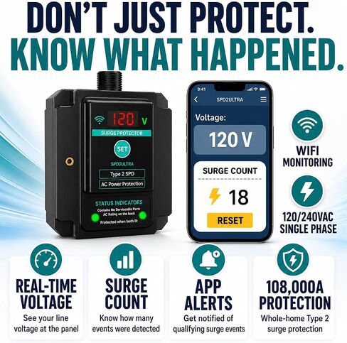 WiFi Smart Surge Protective Device, Thermally Protected MOV, Type 2 SPD for 120/240VAC Breaker Panel, App Notification, Voltage & Surge Count Display, 108,000A, 2,820 Joules in Saudi Arabia
