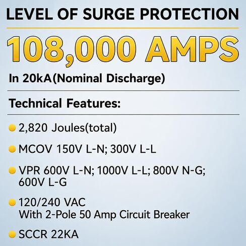 WiFi Smart Surge Protective Device, Thermally Protected MOV, Type 2 SPD for 120/240VAC Breaker Panel, App Notification, Voltage & Surge Count Display, 108,000A, 2,820 Joules in Saudi Arabia