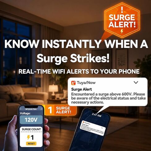 WiFi Smart Surge Protective Device, Thermally Protected MOV, Type 2 SPD for 120/240VAC Breaker Panel, App Notification, Voltage & Surge Count Display, 108,000A, 2,820 Joules in Saudi Arabia