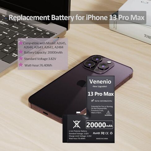 [20000mAh] Battery for iPhone 13 Pro Max, 2026 New Upgrade High Capacity Replacement Battery for iPhone 13 Pro Max Models A2643 A2484 A2641 A2644 A2645 with Complete Repair Tool kit in Saudi Arabia
