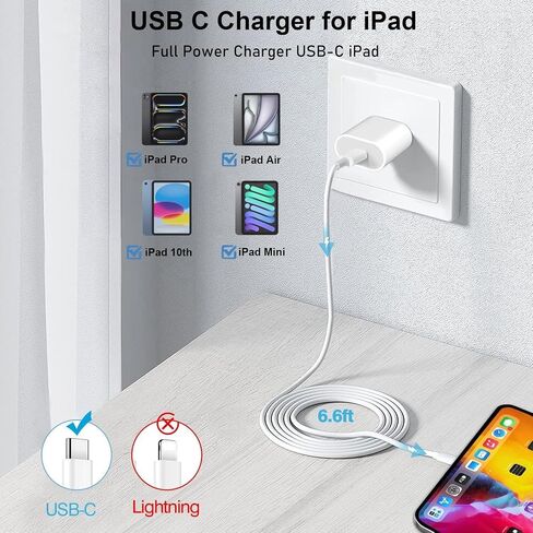 20W USB C Fast Charger for iPad Pro 13/12.9/11 inch, iPad Air 13/11 inch 6/5/4th Generation, iPad 10th Generation, iPad mini 6, Fast Charger Block with 6.6ft USB C to C Charging Cable in Saudi Arabia