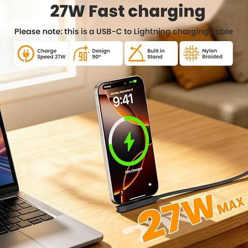 USB C to Lightning Charging Cable with Stand - 90 Degree 2 in 1 Invisible Holder Charger Cable for iPhone 14/13/12/11 Pro Max XS XR iPad, 27W PD Fast Charging Sideways Flat iPhone Cord Cable 6FT in Kuwait