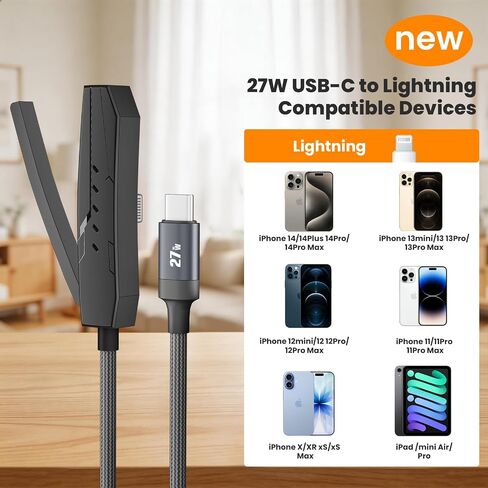 USB C to Lightning Charging Cable with Stand - 90 Degree 2 in 1 Invisible Holder Charger Cable for iPhone 14/13/12/11 Pro Max XS XR iPad, 27W PD Fast Charging Sideways Flat iPhone Cord Cable 6FT in Kuwait