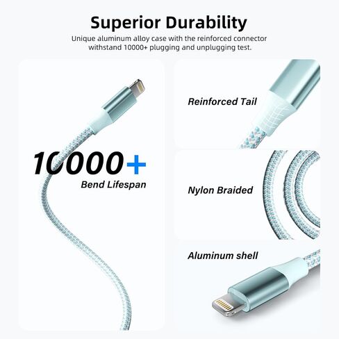 3 Pack 10 FT iPhone Charger Fast Charging Cord MFi Certified Lightning Cable Nylon Braided iPhone Charger Cord Compatible with iPhone 14 13 12 11 Pro Max XR XS X 8 7 6 Plus SE and More(Light blue) in Kuwait