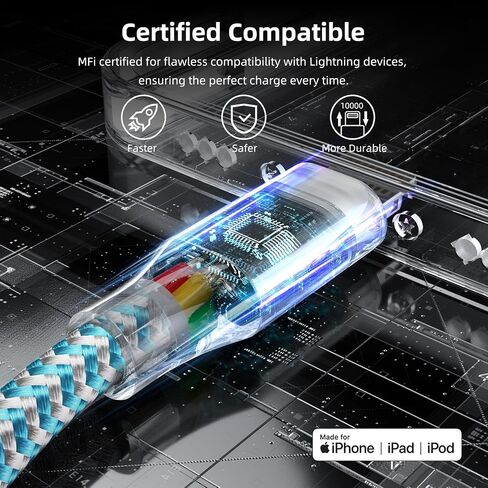 3 Pack 10 FT iPhone Charger Fast Charging Cord MFi Certified Lightning Cable Nylon Braided iPhone Charger Cord Compatible with iPhone 14 13 12 11 Pro Max XR XS X 8 7 6 Plus SE and More(Light blue) in Kuwait