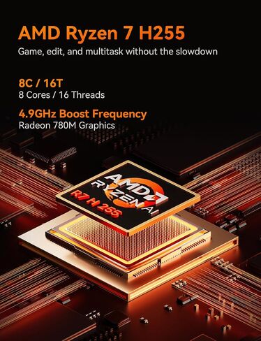 AOOSTAR G-FLIP AMD R7 H255 Mini Gaming PC（8C/16T, up to 4.7Ghz） with 24GB DDR5 5600Mhz RAM& 1TB M.2 NVME Pcle4.0 SSD;5 Inch Touchscreen; Oculink&Dual USB4 Ports, 2X M.2 NVME SSD Slots，Support Openclaw in Kuwait