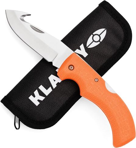 Klarny Outdoors Blaze Orange Deer Hunting Folding Skinning Stainless Steel Knife With Gut Hook Blade - Rubber Handle For Game Processing, Sheath Included in Saudi Arabia
