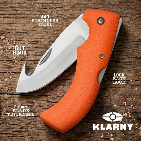 Klarny Outdoors Blaze Orange Deer Hunting Folding Skinning Stainless Steel Knife With Gut Hook Blade - Rubber Handle For Game Processing, Sheath Included in Saudi Arabia