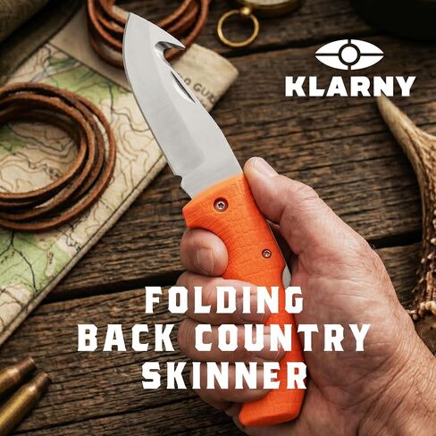 Klarny Outdoors Blaze Orange Deer Hunting Folding Skinning Stainless Steel Knife With Gut Hook Blade - Rubber Handle For Game Processing, Sheath Included in Saudi Arabia