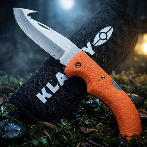 Klarny Outdoors Blaze Orange Deer Hunting Folding Skinning Stainless Steel Knife With Gut Hook Blade - Rubber Handle For Game Processing, Sheath Included in Saudi Arabia