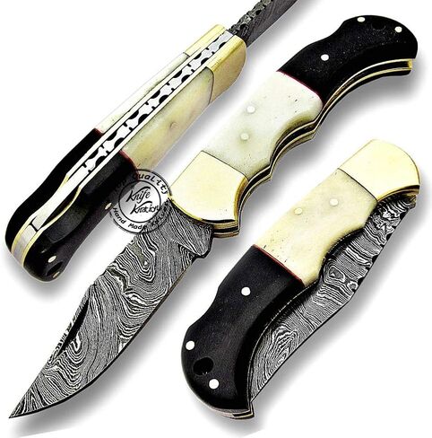 Buffalo Horn & Camel Bone 6.5'' Handmade Damascus Steel Folding Pocket Knife, Hunting Knife, Outdoor Survival Hunting Accessories, Gifts for Men, Boyfriend, Dad, Father’s Day Gift, 100% Prime Quality in Kuwait