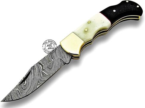 Buffalo Horn & Camel Bone 6.5'' Handmade Damascus Steel Folding Pocket Knife, Hunting Knife, Outdoor Survival Hunting Accessories, Gifts for Men, Boyfriend, Dad, Father’s Day Gift, 100% Prime Quality in Kuwait