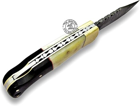 Buffalo Horn & Camel Bone 6.5'' Handmade Damascus Steel Folding Pocket Knife, Hunting Knife, Outdoor Survival Hunting Accessories, Gifts for Men, Boyfriend, Dad, Father’s Day Gift, 100% Prime Quality in Kuwait