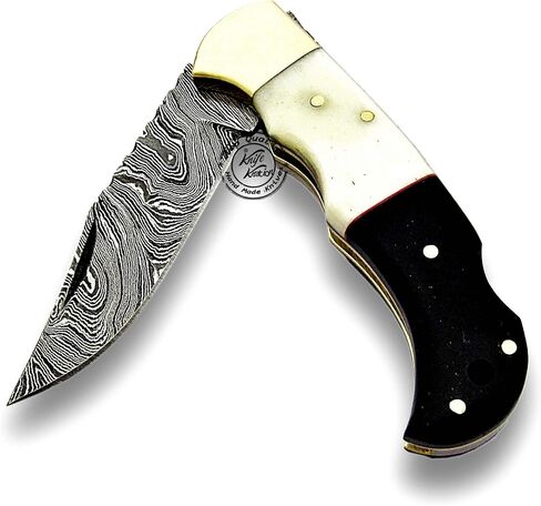 Buffalo Horn & Camel Bone 6.5'' Handmade Damascus Steel Folding Pocket Knife, Hunting Knife, Outdoor Survival Hunting Accessories, Gifts for Men, Boyfriend, Dad, Father’s Day Gift, 100% Prime Quality in Kuwait