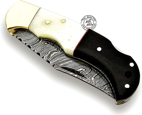 Buffalo Horn & Camel Bone 6.5'' Handmade Damascus Steel Folding Pocket Knife, Hunting Knife, Outdoor Survival Hunting Accessories, Gifts for Men, Boyfriend, Dad, Father’s Day Gift, 100% Prime Quality in Kuwait