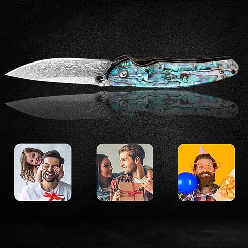 Omesio Damascus Folding Pocket Knife with Leather Sheath, Liner Lock in Saudi Arabia