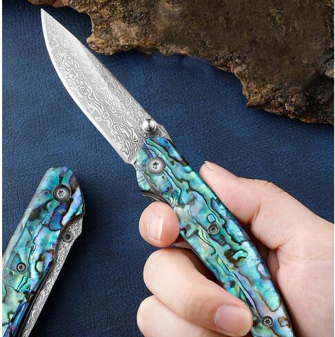 Omesio Damascus Folding Pocket Knife with Leather Sheath, Liner Lock in Saudi Arabia