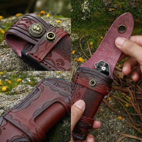 Omesio Damascus Folding Pocket Knife with Leather Sheath, Liner Lock in Saudi Arabia