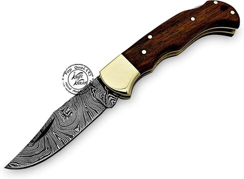 Rose Wood Handmade Damascus Pocket Knife - Folding - Hunting Knife, Folding Knives for Men with Wood Handle for Outdoor Survival Hunting Accessories, Gifts for Men, Boyfriend, Dad, Father’s Day Gift in Kuwait