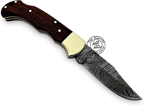 Rose Wood Handmade Damascus Pocket Knife - Folding - Hunting Knife, Folding Knives for Men with Wood Handle for Outdoor Survival Hunting Accessories, Gifts for Men, Boyfriend, Dad, Father’s Day Gift in Kuwait
